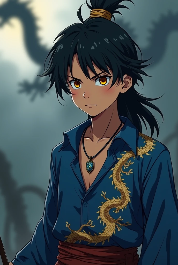 , Blue Pirate Shirt Unbutton, Child, Adolescent, pre-adolescent, 12 years old, Epic battle, divine combat, Man , round face, neck necklace,Hunting around his neck, serious face,  Long Sleeve, Gold Dragon Pattern Shirt , Bright Orange Eyes, Firm Face, Long hair, black Hair, Handsome Man, Pirate Belt, Sword in hand , Blurred silhouette of a Chinese dragon in the shadows, , atmosphere , Anime manga style.  