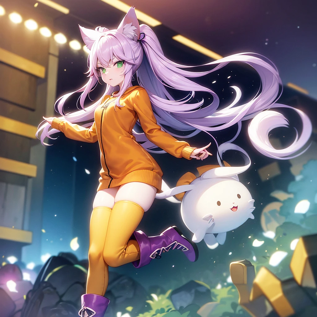 Animated female cat character has white skin purple hair long hair and green eyes.
Wear a casual style.
He has orange boots that reach his knees..
The character has cat ears on top of his head and a 3d white tail.