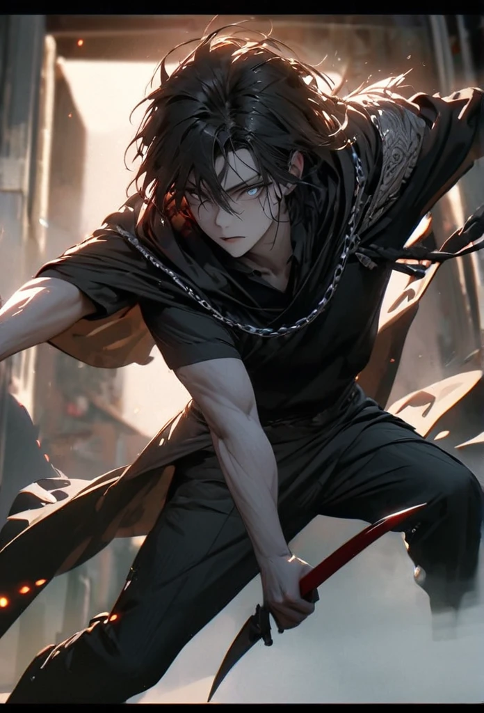 (solo), masculine, korean black hair, messy hair, mane hair, short hair, dense hair, expressive hair, mature,(25 year old), pale skin, grey eyes, ((man)), teacher, wearing black shirt, rolled up sleeves, black long pants, One shoulder has shoulder armor, black cape covering one arm, detailed eyes, dark, hood, the background is space in china. Silver chains everywhere, attractive, eye reflection, depth of field, thunder aura, cinematic lighting, ray tracing, depth of field, cinematic lighting, ray tracing, UHD, high details, best quality, highres, high quality, award winning, super detail, masterpiece, 8k, UHD, high details, best quality, highres, high quality, award winning, super detail, masterpiece, 8k, digital art, anime coloring, full body, body shot, good face, perfect face, detailed face, good eyes, in a fighting position, holding a sword.