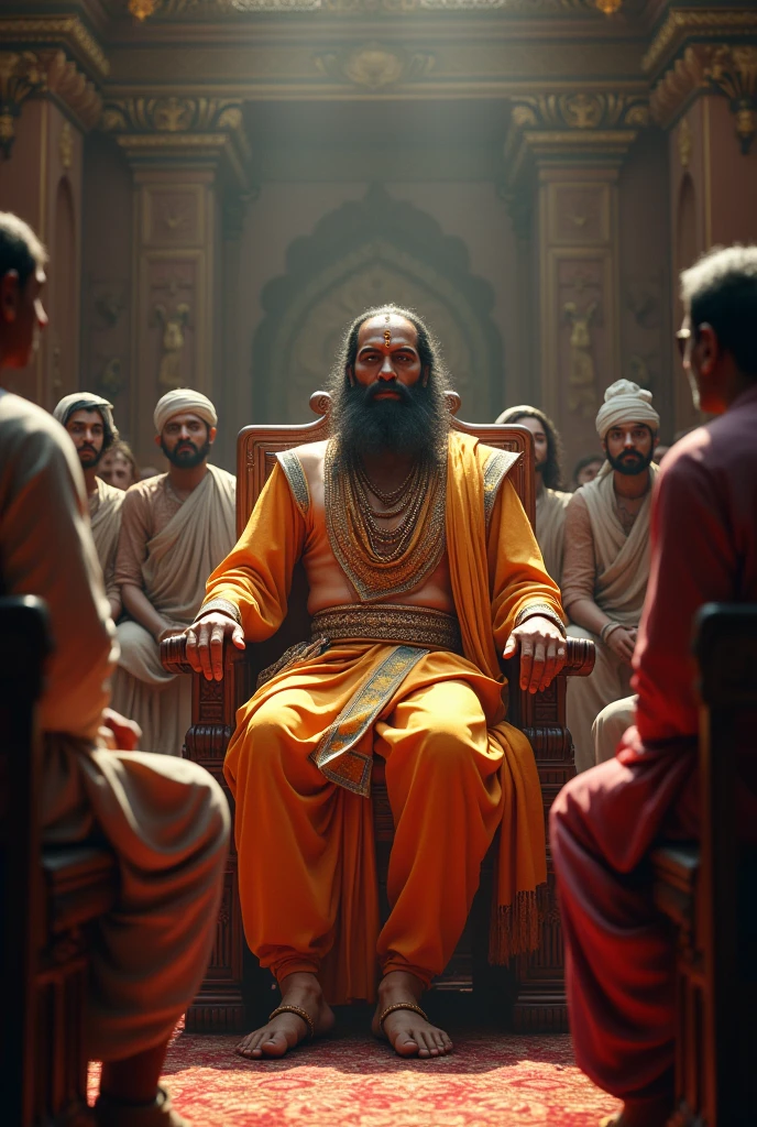 **Justice and Governance**: A detailed image of Shivaji Maharaj implementing justice, perhaps with a courtroom setting where he is seen interacting with his subjects and resolving disputes. In dall e-3 style
