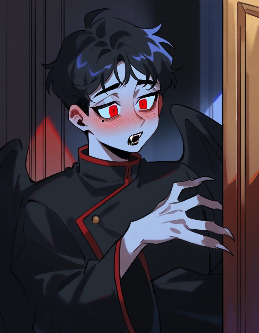 boy, vampyre, light gray skin, fluorescent red eyes, sharp fangs, slightly melancholic expression, mole below the right eye, big strip, short black hair, completely black wings, All black outfit with long sleeves and the inside of the sleeve is red, sharp fingernails. He is in a simple, poorly lit room., your arms seem to hold the camera, look of sadness and flushed face, flushed and red cheeks and nose, in front of him is the bed and behind him is an open door. Dark environment with illuminated door. The character is near the bed. Bedroom bad ilumined. Close-up. FULL HD image. Bottom image