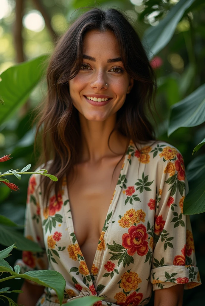 A Brazilian woman in a lush tropical garden, wearing an open shirt with a floral print, with a close-up capturing the harmonious beauty between her breasts and the natural flowers, showing off your natural charm and outgoing personality.