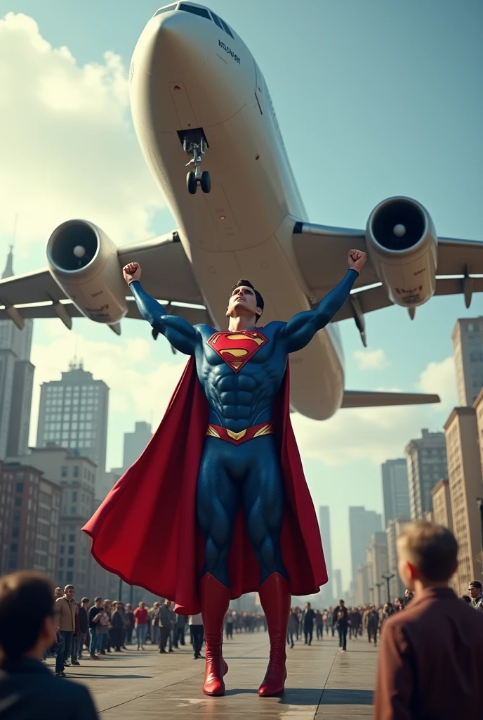 Ultra realistic fictional image , cinematic of Superman holding a commercial plane on earth , in the image Superman prevents a catastrophe 