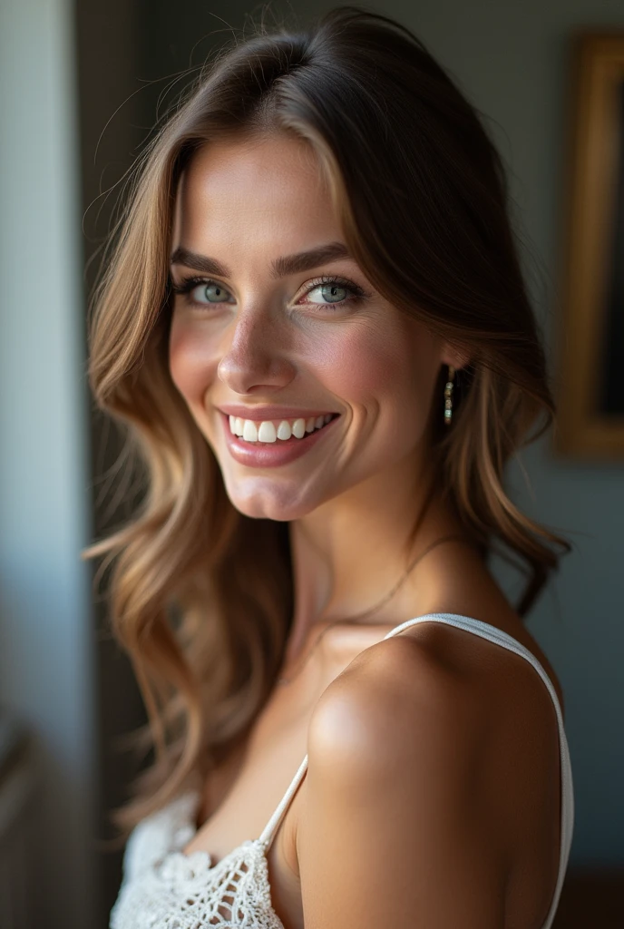 An elegant brunette woman, a top model, smiling, soft skin, with a tablet in her hands
