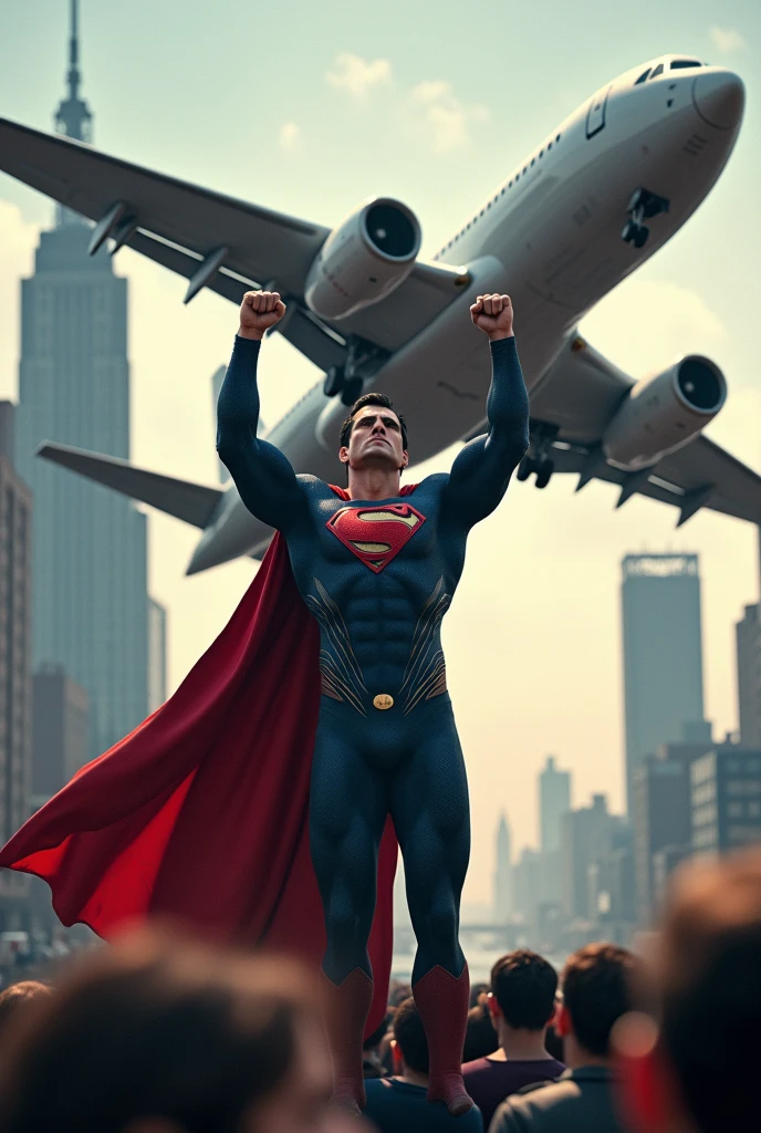 Ultra realistic fictional image , cinematic of Superman holding a commercial plane on earth , in the image Superman prevents a catastrophe
