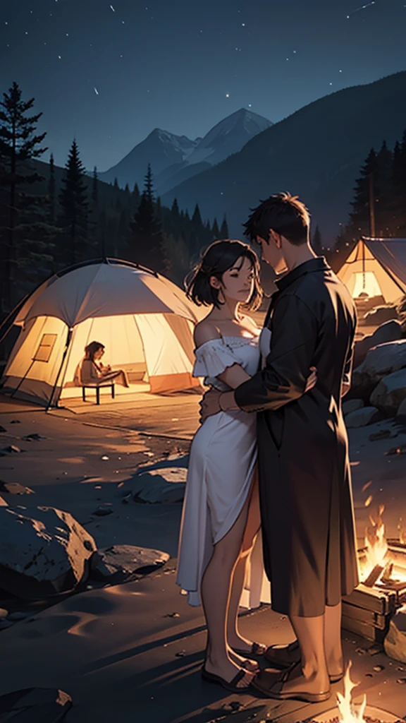 A couple is romancing across the camp on the mountain. The women are without clothes and have big hips. It is night and a fire is burning.