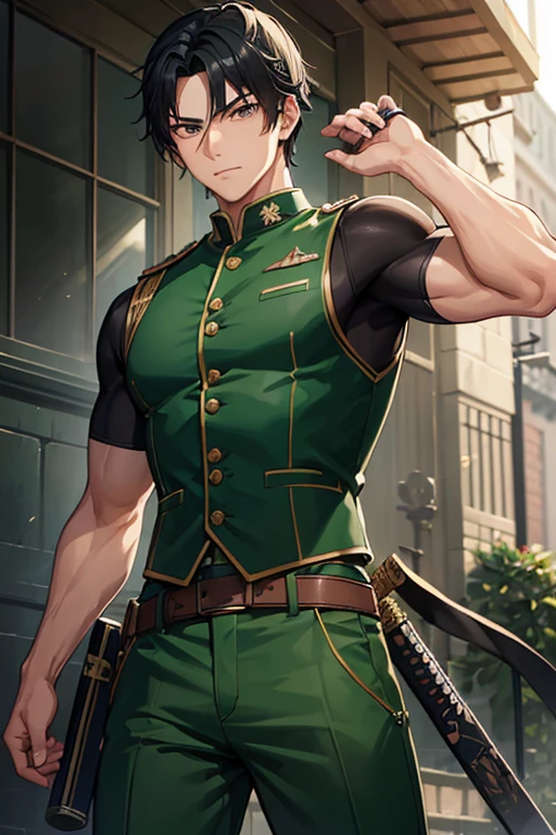 man in his 30s asian slim build muscles open military uniform green vest military print green pants black hair black eyes dark skin tattoo holding a katana
