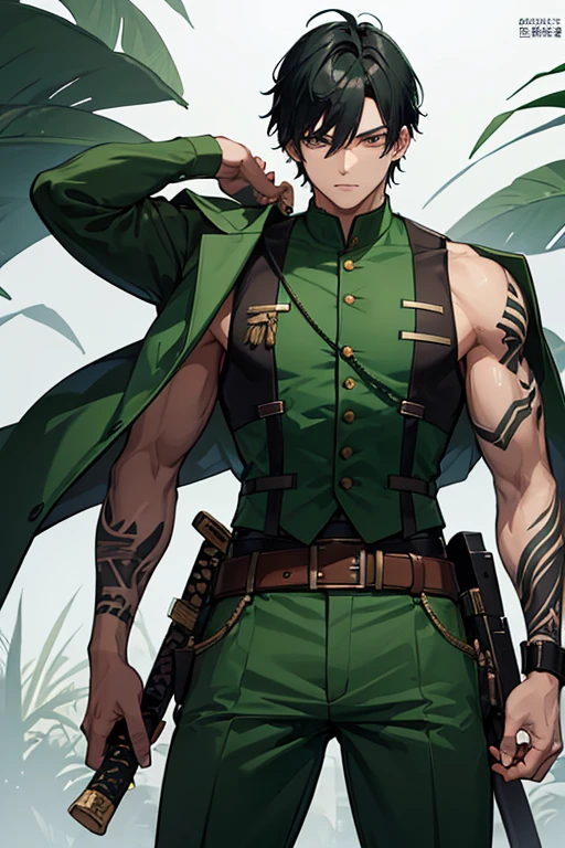 1 boy,,jungle,nude,Huge gatling gun,belt,Random shooting,(Tattered battle uniform:1.5),testicles,(detailed eyes),detailed skin,(masterpiece,best quality:1.4),Top Quality,High quality,Ultra detailed,insanely detailed,anime style