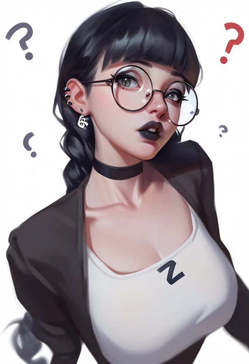 bblurry, traditional art, liu2, brush texture, punctuation_9, punctuation_8_High above, punctuation_7_High above, 1 girl, Bblack hair, braids, slickedback hair, long hair, grey-eyed, thick lips, mic, long eyelashes, half-closed eyes, black frame glasses, round glasses, black choker, Blunt bangs, grown-up, black eyeliner, breasts big, ear piercing, black lips, grey-eyedhadow, looking ahead at viewer, break solo, standing, grown-up, skinny, leg high, arched back, tight slit, break (white background:1.2), simple background, dynamic pose, dynamic angle, angled shot,
