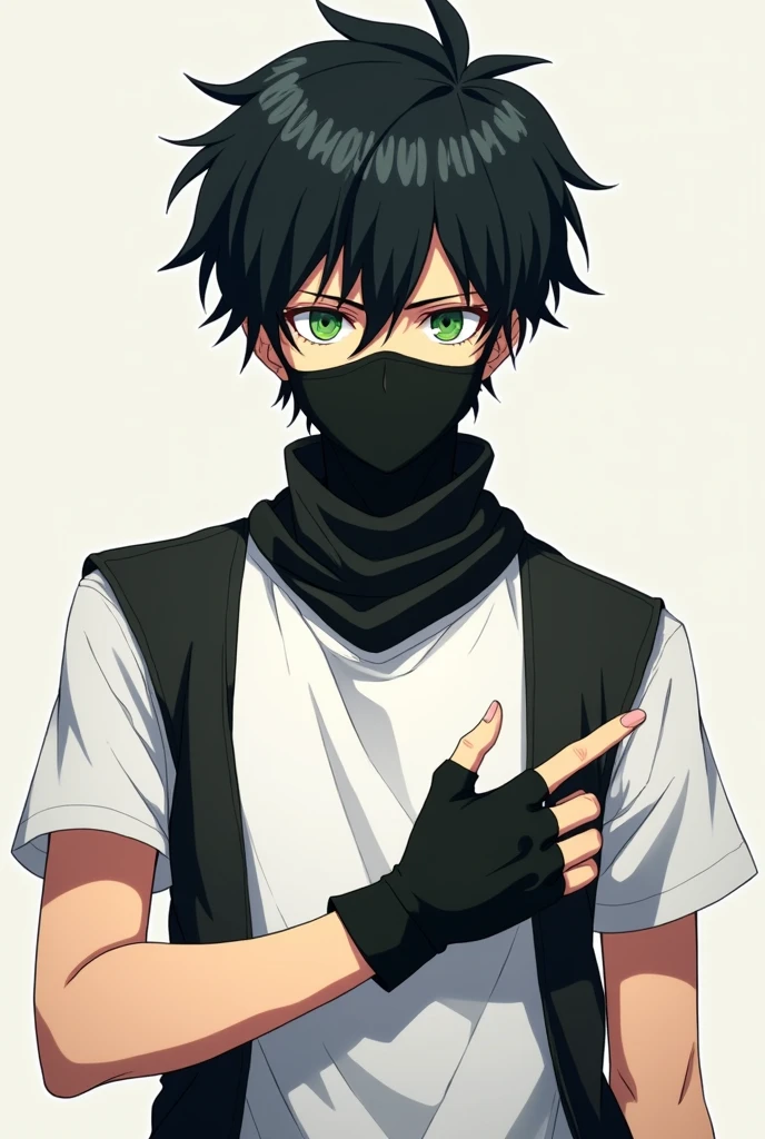 25 year old adult male anime style with black hair, green eyes, a black face mask and fingerless gloves with a serious expression and a white vest and t-shirt