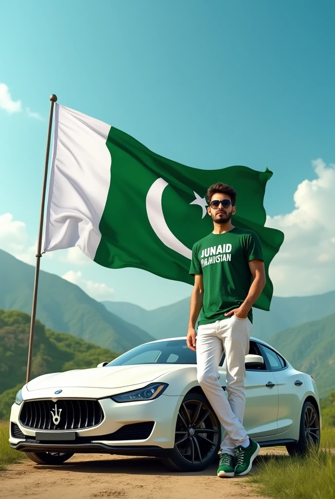 Create an Real image featuring a 25 year white boy
standing with the hood of a white and green new car having side view,with Pakistan’s scenic background. He’s holding a big flag celebrating Pakistan’s 14th August. The boy wears a green T-shirt with ‘Junaid’ printed on it, white pants, green shoes and sunglasses.