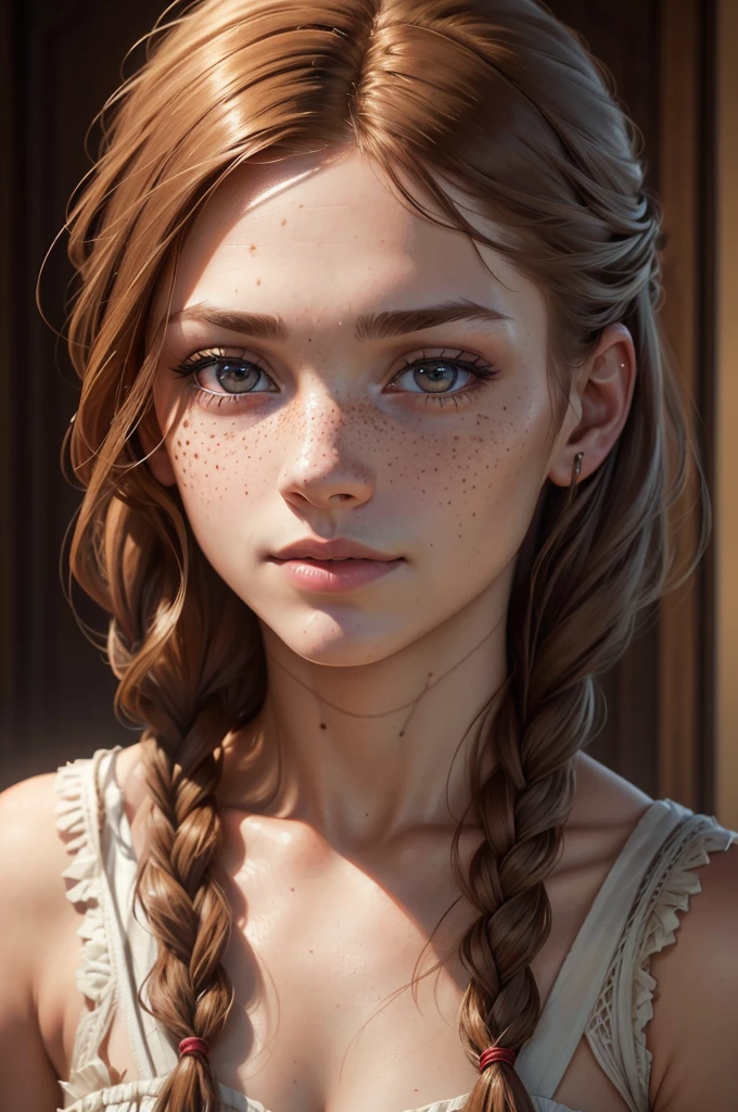 a beautiful girl with sharp eyes, freckles, and a smirk, with braided brown hair, holding blood, (best quality,4k,8k,highres,masterpiece:1.2),ultra-detailed,(realistic,photorealistic,photo-realistic:1.37),expressive eyes,perfect face