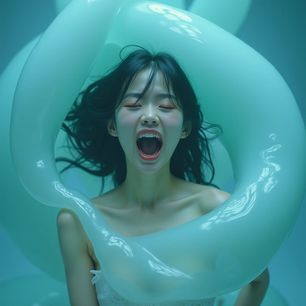 Highest quality, masterpiece, Surreal Photography, Fantasy、sf, Japan Sexy Idol, A woman is captured by a translucent light blue slime、He was in pain and screaming for help.、Woman Entrapped by Giant Slime、Full body image