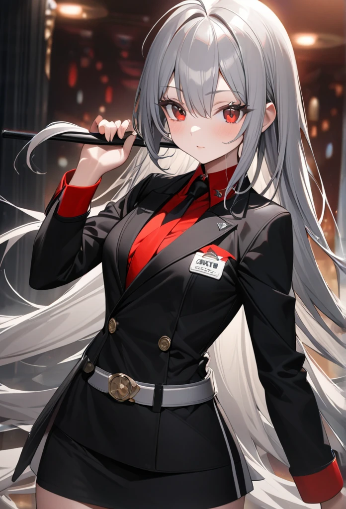 One girl, Gray Hair, Super long hair、Red eyes, (White eyelashes:1.2), Dressed like a casino staff member、Black jacket、Top Hat、Very thin body、I have a walking stick、Ahoge、tie、skirt、belt、High resolution, Highest quality, Very detailed, Ultra high definition,