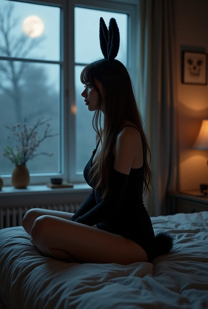 (photorealism:1.2), beautiful woman, sitting on bed, wearing bunny girl costume black colour, long straights hair, indoors,  window with moonlight, cozy room, relaxed pose, realistic, intricate details,