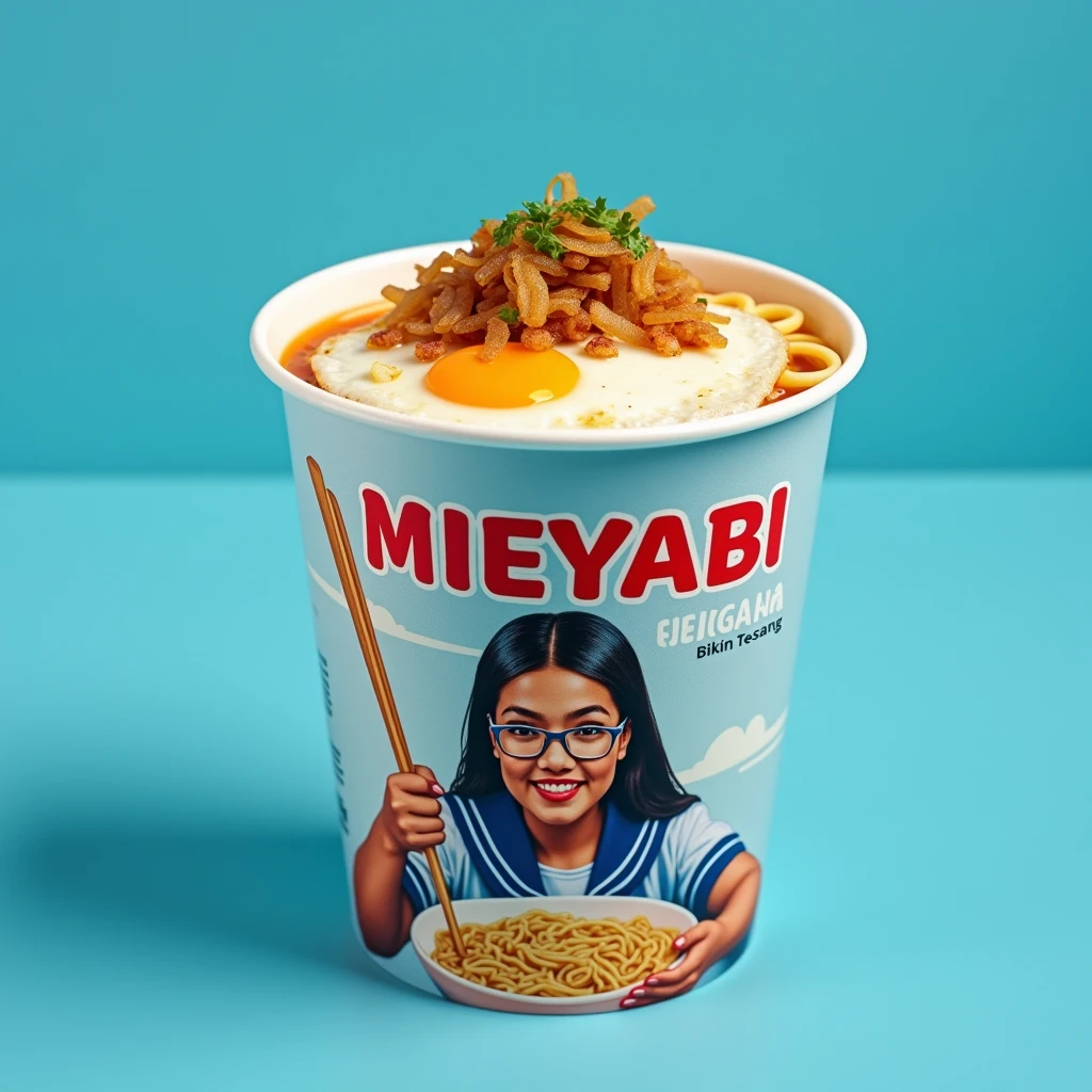 Sterofom cup:Boiled noodles topped with fried onions, salt and pepper, sunny side up egg,Capital letter cup says "MIEYABI" and below it the medium text says "Bikin" "Tegang", and a cup with a picture of a beautiful Indonesian woman, extra big jumbo fat body, donning metal frame glasses and a sailor suit, in a crawling pose, pastel colored noodle cup around it, noodle cup showing noodles coming out. studio blue background. very detailed. amazing. fantastic. photography. cinematic, photorealistic. focus MIEYABI, Bikin Tegang, very focused