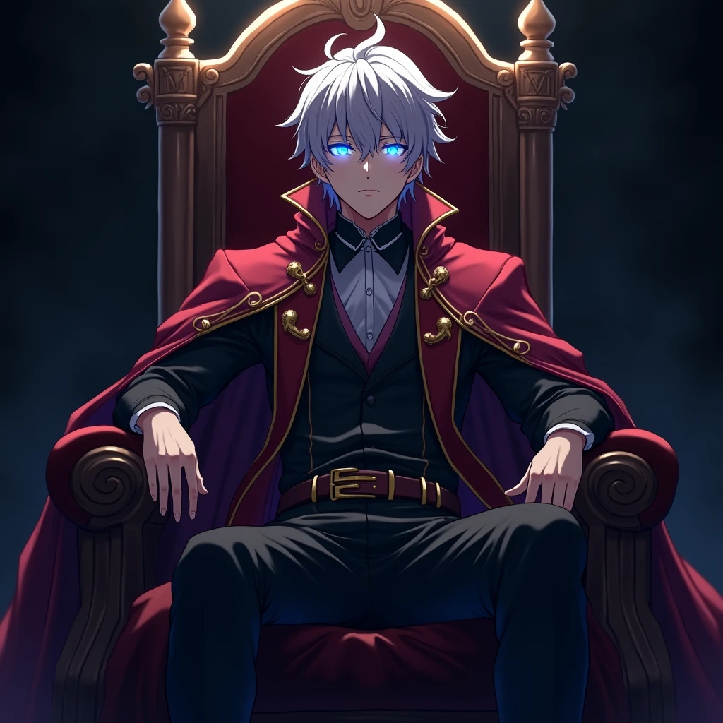 Male anime character sitting on a throne with lots of shadows, princely robes with lots of galaxy-like sparkle in his eyes