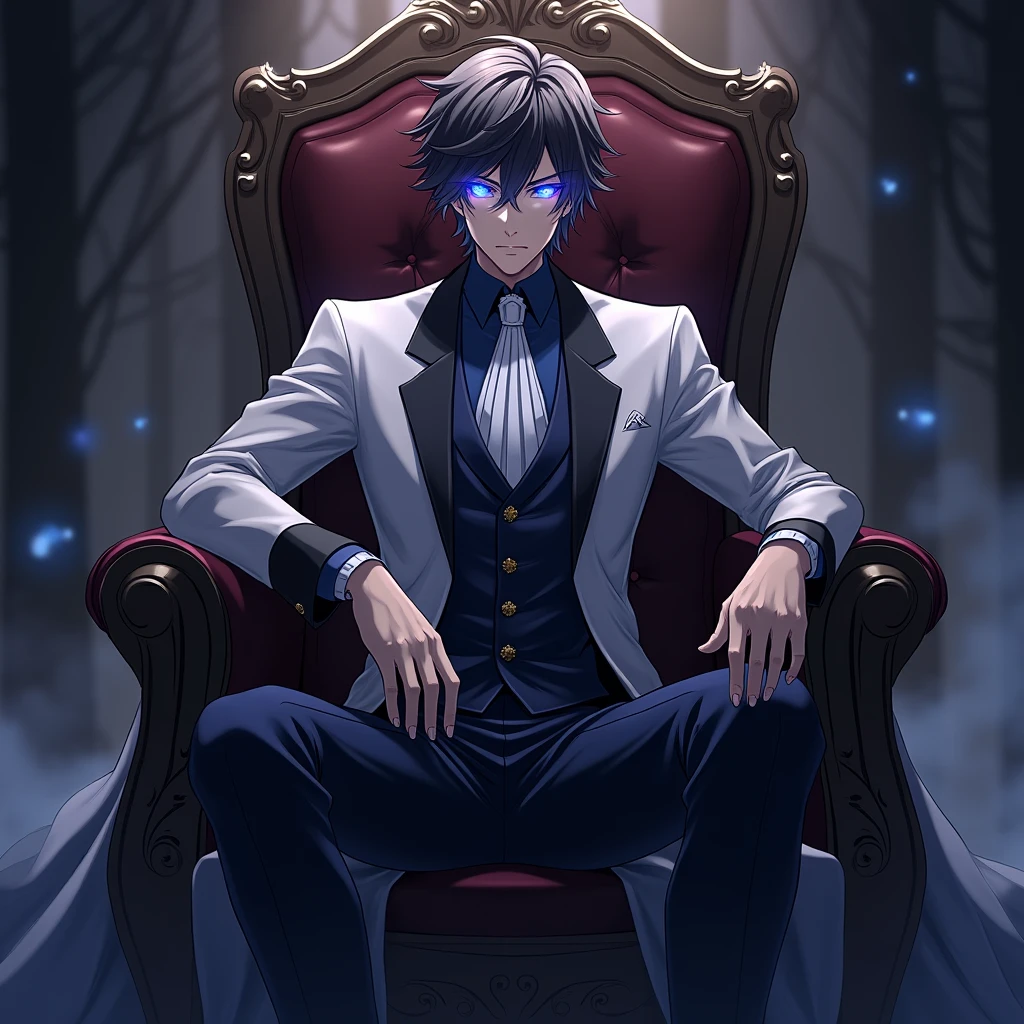 Male anime character sitting on a throne with lots of shadows, princely robes with lots of galaxy-like sparkle in his eyes