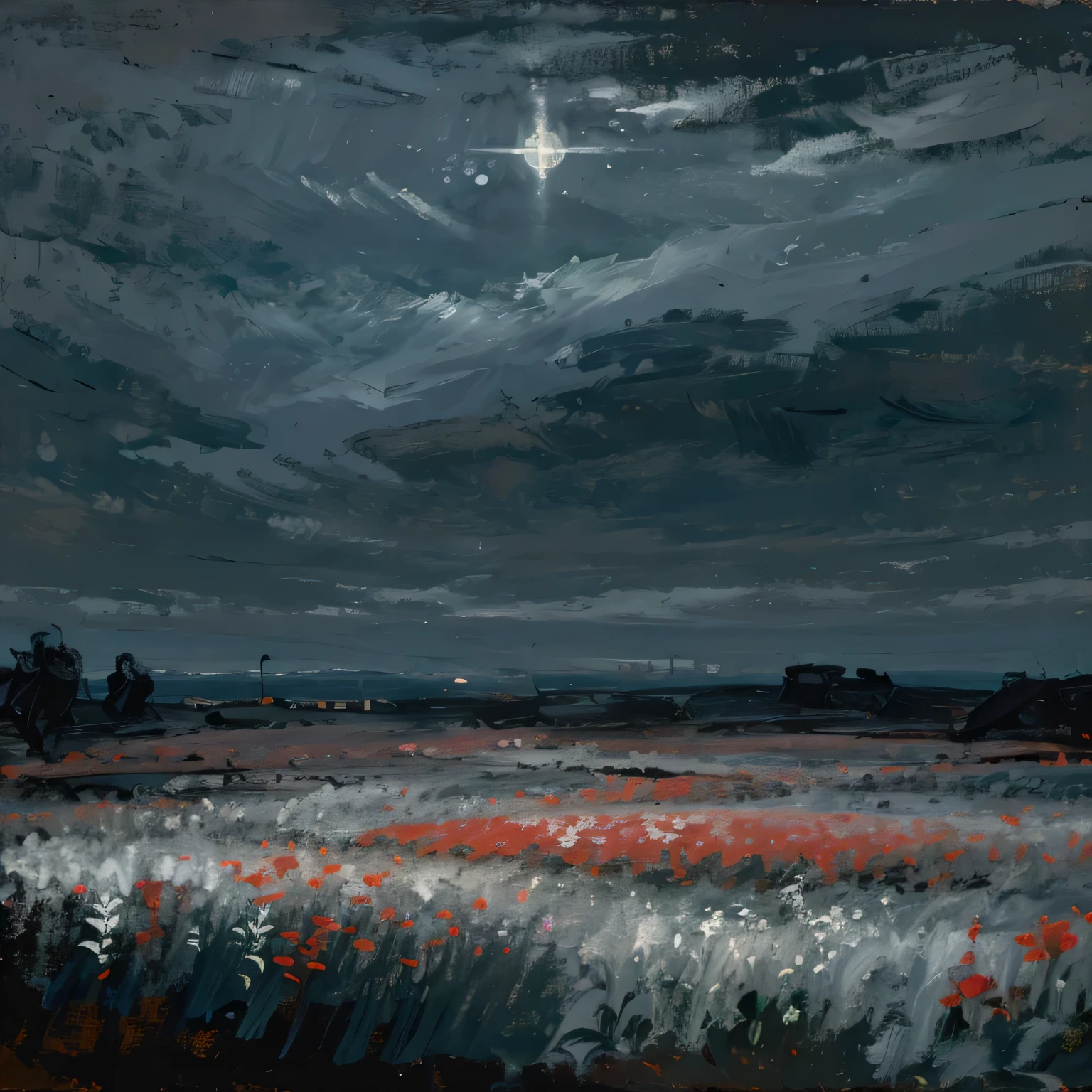 Create an image in dark, moody colors, depicting a distant figure in white with long white wings in a field among flowers. The background should be dark and atmospheric, with low clouds and dim lighting. Pay attention to the details of the wings and overall composition to convey a sense of mysticism and dark beauty. (masterpiece, best quality, high quality, highres), dark, sun, winter, monster, field of grass,oil painting