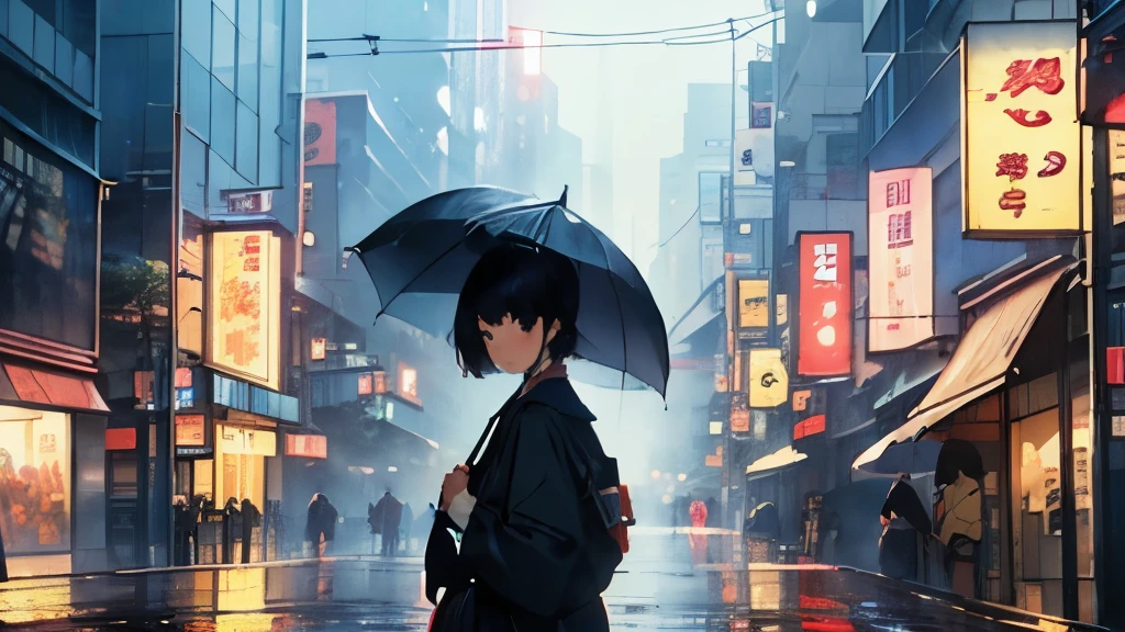 masterpiece, Highest quality, A girl walking down a rainy Tokyo street, short hair,holding an umbrella, with neon signs reflecting on the wet pavement, lyco art, a manga drawing, by Satoshi Kon, lofi hip hop, wlop : :, ukiyo, ukiyo-style, yukito kishiro.