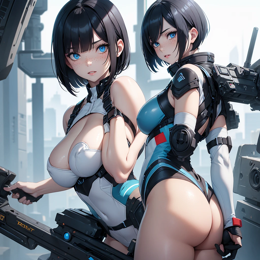 A pale skinned girl with sky blue eyes, short black bob hair, freckles on her face and huge breasts with freckles, small ass, big thighs