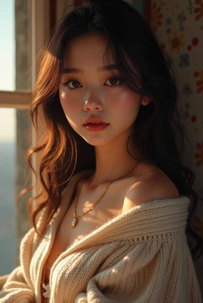 1girl, off-shoulder sweater, beautiful detailed eyes, beautiful detailed lips, extremely detailed face, long eyelashes, beautiful hair, realistic, photorealistic, 8k, high quality, detailed background, intricate details, warm lighting, cinematic composition, vibrant colors, muted color palette, soft shadows, depth of field, highly detailed fashion, elegant pose