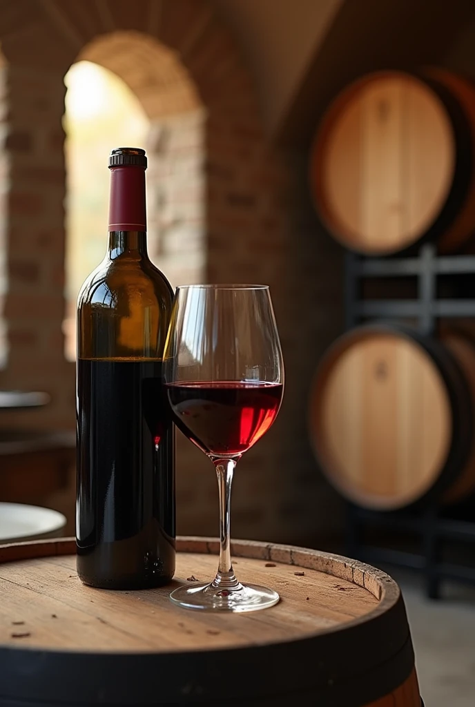 photo realistic image, rustic cellar, realistic image for decorative frame use, use cup, wine bottle, oak barrels, clean environment and within context; image in 2x1 aspect ratio; use cups de vidro; wine being served