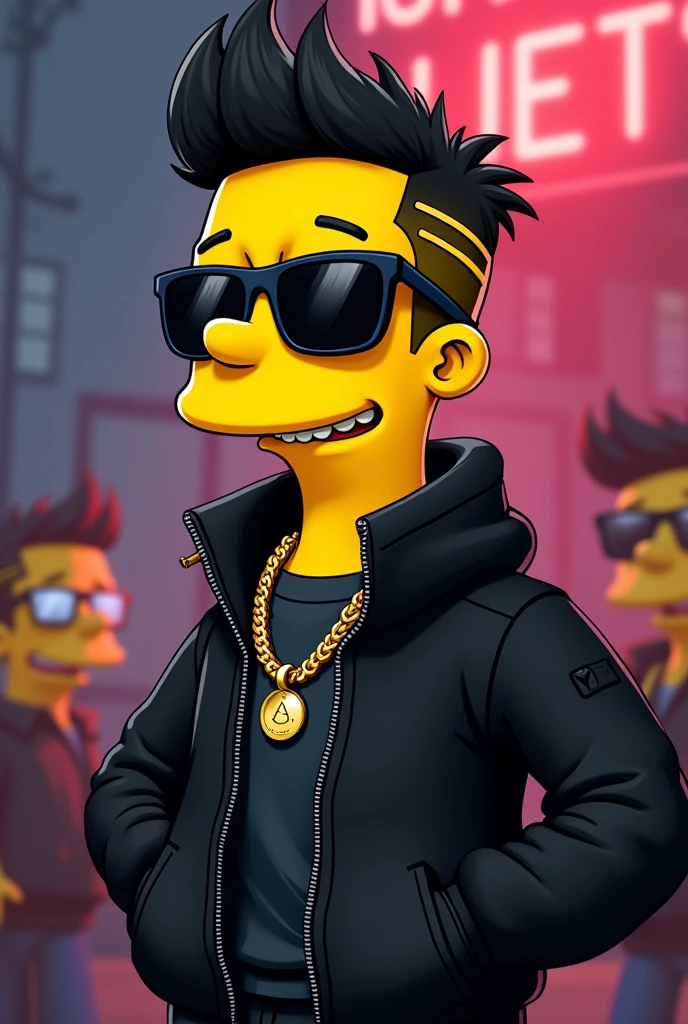 an image of Milhouse as a reggaeton singer, I imagine I could wear modern black clothes. typical of urban style. I would include big sunglasses, a gold chain. Your hairstyle could be a little more modern., maybe with a fade cut or shaved lines on the sides.