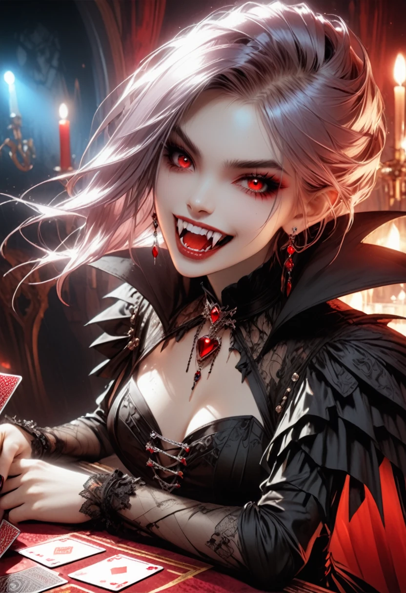 a portrait of a vampire playing poker game of cards, holding cards ((cards not shown:1.5)) the cards are dripping blood, an exquisite beautiful vampire, goth vampire, ((dynamic hair color: 1.5)), white pale skin, some blood veins are seen on the skin, red lips, red eyes, glowing eyes, wearing goth dress, silk dress, there are diamonds on the dress, earing a choker studded with a red diamond, ((vampire fangs:1.5)), she sits near a poker table in a dark fantasy room, there is a playing table, torch light,  vibrant, Ultra-high resolution, High Contrast, (masterpiece:1.5), highest quality, Best aesthetics), best details, best quality, highres, ultra wide angle, 16k, [ultra detailed], masterpiece, best quality, (extremely detailed: 1.5), vampire fangs, NRART