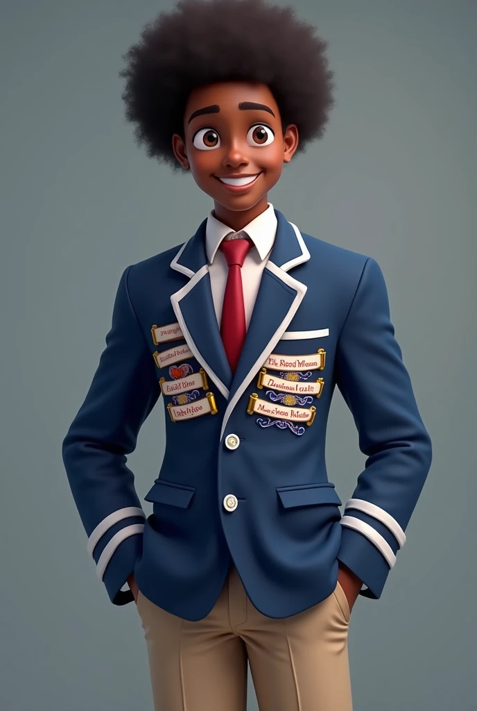 Generate an image of a headboy in a blue blazer with white stripes and various scrolls on his blazer for being headboy, for drama backstage, for tennis, for visual art and so on and he must be caramel skin coloured and he must be wearing a basher or boater hat. (but have an afro) He must wear beige khaki pants, be smiling and the background must be grey with no writing. He must wear a school white shirt and a red tie. Some scrolls must be white with red writing and others blue with white writing. 