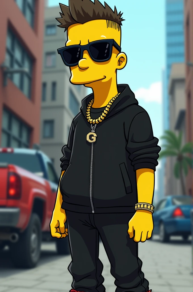 an image of Milhouse as a reggaeton singer, I imagine I could wear modern black clothes. typical of urban style. I would include big sunglasses, a gold chain. Your hairstyle could be a little more modern., maybe with a fade cut or shaved lines on the sides.