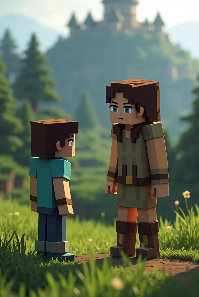 High quality, 4K Ultra HD, A minecraft player women waiting a boy