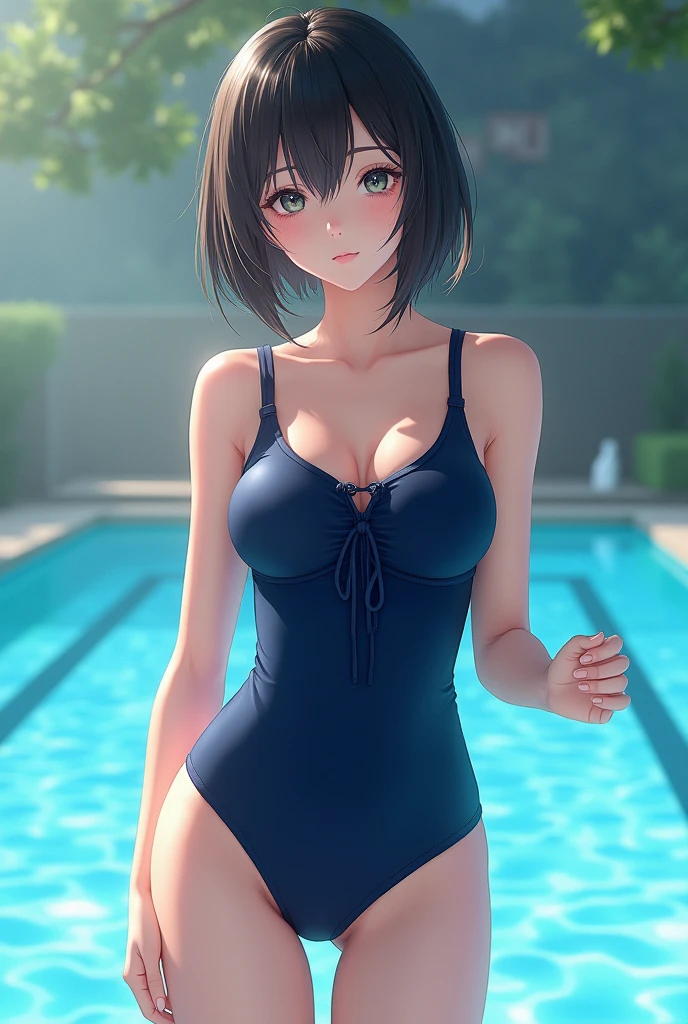 1girl, solo, breasts, short hair, black hair, navel, swimsuit, indoors, black eyes, one-piece swimsuit, plant, potted plant