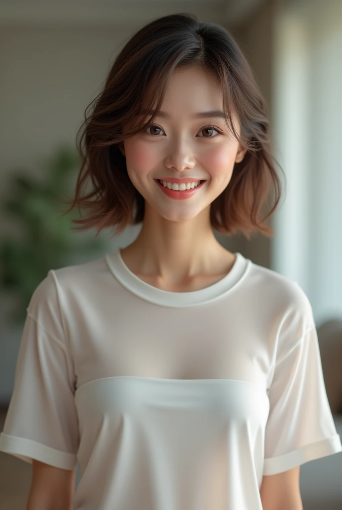 Very detailedな CG Unity 8k 壁紙, Highest quality, Very detailed, masterpiece, Realistic, Realistic写真, Very detailedな美しい女の子, Age: 50, (office lady), smile , Round eyes, Small breasts , The audience is, Full Body Shot , Stylish living room, , Brown hair trends Brown hair short cut Wet see-through T-shirt Provocative look 人を惹きつけるsmile Staring at the photographer Wet white t-shirt Morning Preparation Sexy lips Wet see-through T-shirt Sexy lips Protruding lips Pink lips that captivate men Thick lips 分Thick lips Whitening with cosmetic effects Showing your belly button Wet Hair Wet T-shirt Touching your hair color々stop temporarily