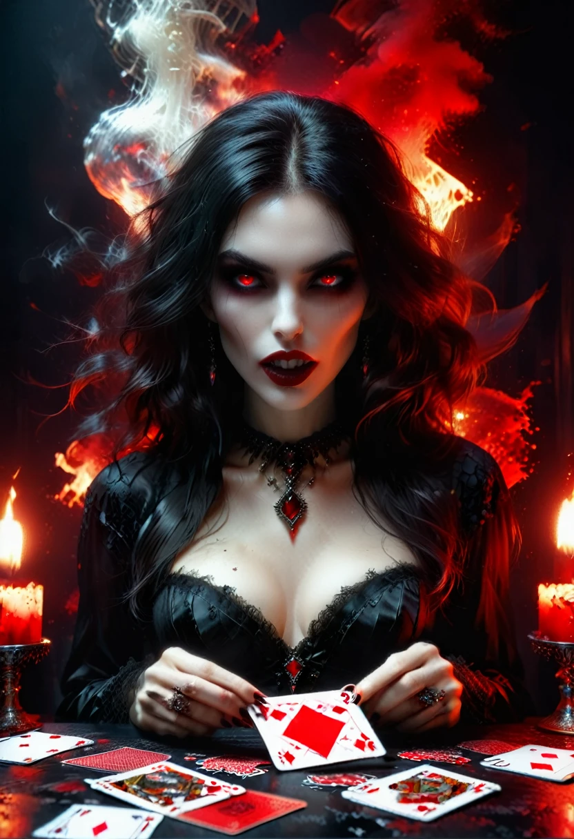 a portrait of a vampire playing poker game of cards, holding cards ((cards not shown:1.5)) the cards are dripping blood, an exquisite beautiful vampire, goth vampire, ((dynamic hair color: 1.5)), white pale skin, some blood veins are seen on the skin, red lips, red eyes, glowing eyes, wearing goth dress, silk dress, there are diamonds on the dress, earing a choker studded with a red diamond, ((vampire fangs:1.5)), she sits near a poker table in a dark fantasy room, there is a playing table, torch light,  vibrant, Ultra-high resolution, High Contrast, (masterpiece:1.5), highest quality, Best aesthetics), best details, best quality, highres, ultra wide angle, 16k, [ultra detailed], masterpiece, best quality, (extremely detailed: 1.5), vampire fangs, NRART