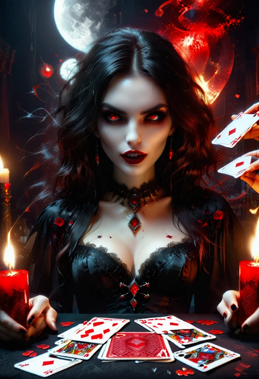 a portrait of a vampire playing poker game of cards, holding cards ((cards not shown:1.5)) the cards are dripping blood, an exquisite beautiful vampire, goth vampire, ((dynamic hair color: 1.5)), white pale skin, some blood veins are seen on the skin, red lips, red eyes, glowing eyes, wearing goth dress, silk dress, there are diamonds on the dress, earing a choker studded with a red diamond, ((vampire fangs:1.5)), she sits near a poker table in a dark fantasy room, there is a playing table, torch light,  vibrant, Ultra-high resolution, High Contrast, (masterpiece:1.5), highest quality, Best aesthetics), best details, best quality, highres, ultra wide angle, 16k, [ultra detailed], masterpiece, best quality, (extremely detailed: 1.5), vampire fangs, NRART