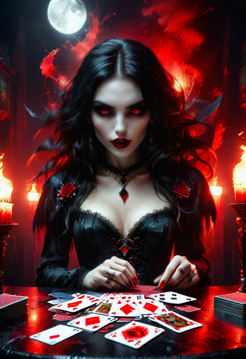 a portrait of a vampire playing poker game of cards, holding cards ((cards not shown:1.5)) the cards are dripping blood, an exquisite beautiful vampire, goth vampire, ((dynamic hair color: 1.5)), white pale skin, some blood veins are seen on the skin, red lips, red eyes, glowing eyes, wearing goth dress, silk dress, there are diamonds on the dress, earing a choker studded with a red diamond, ((vampire fangs:1.5)), she sits near a poker table in a dark fantasy room, there is a playing table, torch light,  vibrant, Ultra-high resolution, High Contrast, (masterpiece:1.5), highest quality, Best aesthetics), best details, best quality, highres, ultra wide angle, 16k, [ultra detailed], masterpiece, best quality, (extremely detailed: 1.5), vampire fangs, NRART