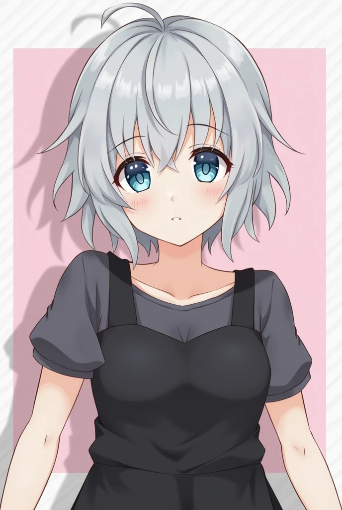 masterpiece, best quality, highres, 1girl, solo, anastasia (idolmaster), idolmaster cinderella girls, blue eyes, short hair, grey hair, black dress, cowboy shot, , closed mouth, upper_body,