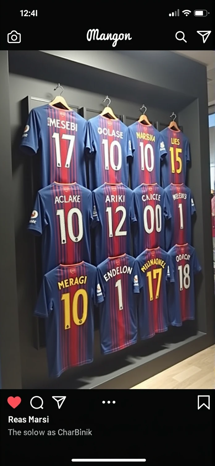 All Messi's shirts, in three rows of three shirts, on a black background