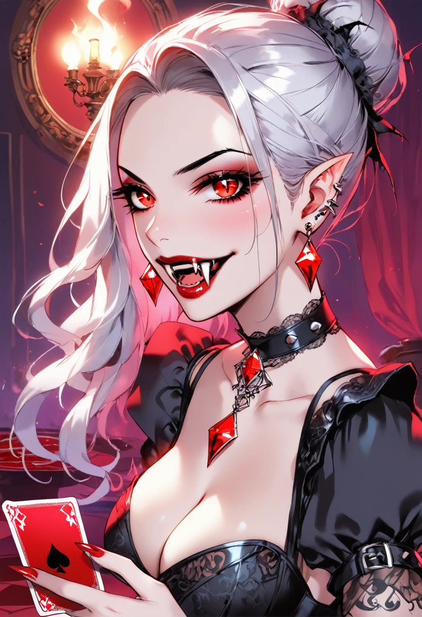 a portrait of a vampire playing poker game of cards, holding cards ((cards not shown:1.5)) the cards are dripping blood, an exquisite beautiful vampire, goth vampire, ((dynamic hair color: 1.5)), white pale skin, some blood veins are seen on the skin, red lips, red eyes, glowing eyes, wearing goth dress, silk dress, there are diamonds on the dress, earing a choker studded with a red diamond, ((vampire fangs:1.5)), she sits near a poker table in a dark fantasy room, there is a playing table, torch light,  vibrant, Ultra-high resolution, High Contrast, (masterpiece:1.5), highest quality, Best aesthetics), best details, best quality, highres, ultra wide angle, 16k, [ultra detailed], masterpiece, best quality, (extremely detailed: 1.5), vampire fangs, NRART