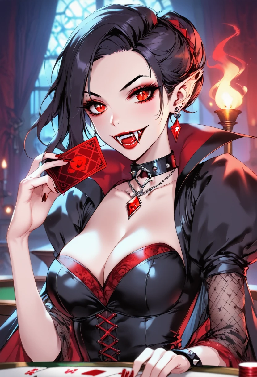 a portrait of a vampire playing poker game of cards, holding cards ((cards not shown:1.5)) the cards are dripping blood, an exquisite beautiful vampire, goth vampire, ((dynamic hair color: 1.5)), white pale skin, some blood veins are seen on the skin, red lips, red eyes, glowing eyes, wearing goth dress, silk dress, there are diamonds on the dress, earing a choker studded with a red diamond, ((vampire fangs:1.5)), she sits near a poker table in a dark fantasy room, there is a playing table, torch light,  vibrant, Ultra-high resolution, High Contrast, (masterpiece:1.5), highest quality, Best aesthetics), best details, best quality, highres, ultra wide angle, 16k, [ultra detailed], masterpiece, best quality, (extremely detailed: 1.5), vampire fangs, NRART