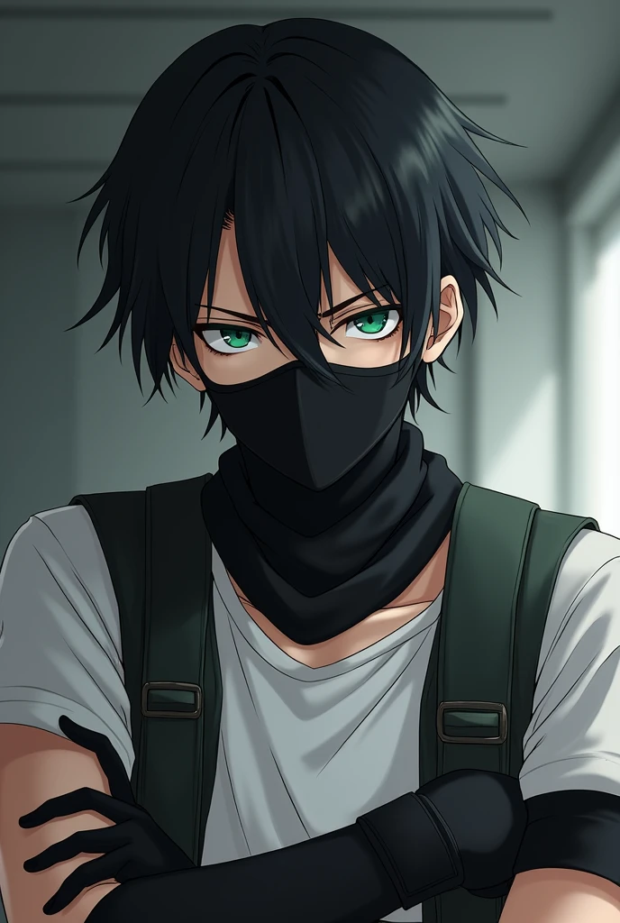 25 year old adult male anime style with black hair green eyes wearing a black face mask and fingerless gloves with a serious expression, with vest and white t-shirt