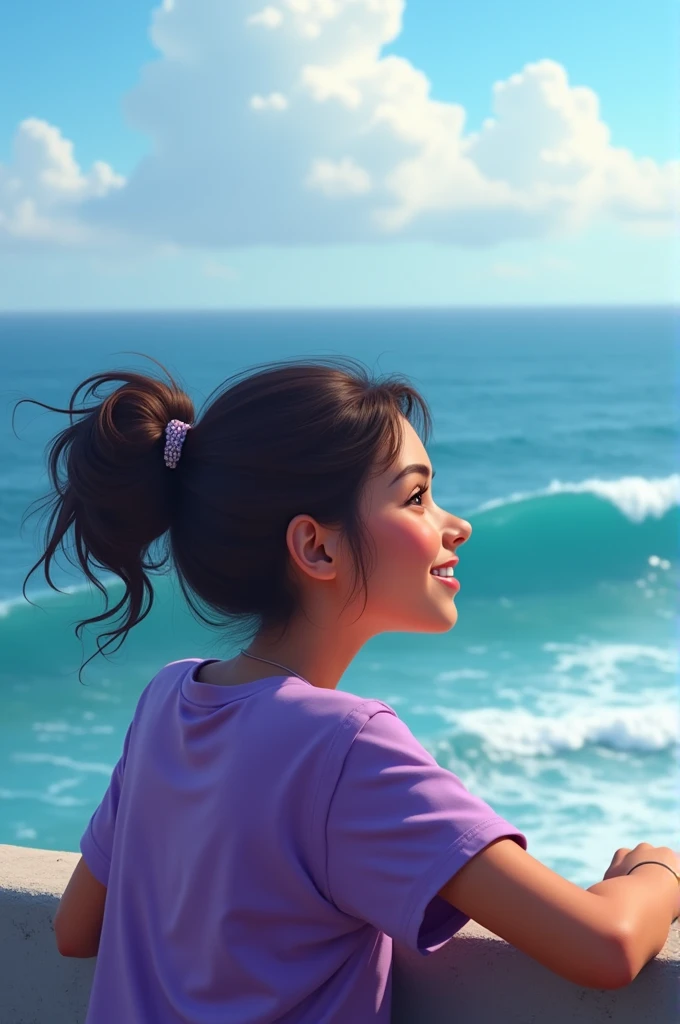 Create a hatch girl for the photo, admiring the sea, She doesn't look at the photo of herself leaning against the photo with a purple thug nine shirt, with a beautiful dimple in her smile
