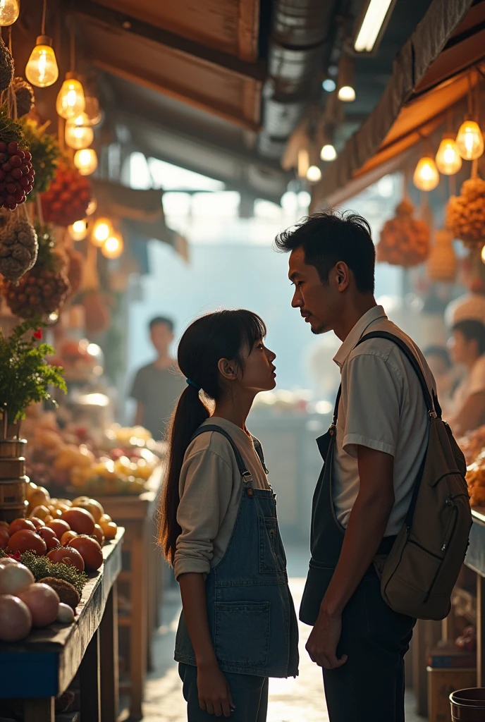 A Korean girl arguing with her Korean father inside a market next to a boy who works at the market