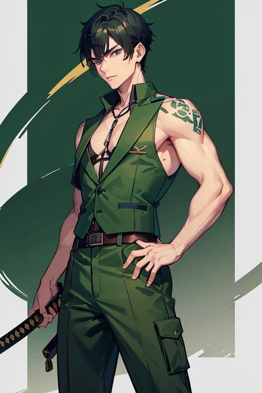 man in his 30s asian slim build muscles open military uniform green vest military print green pants black hair black eyes dark skin tattoo holding a katana