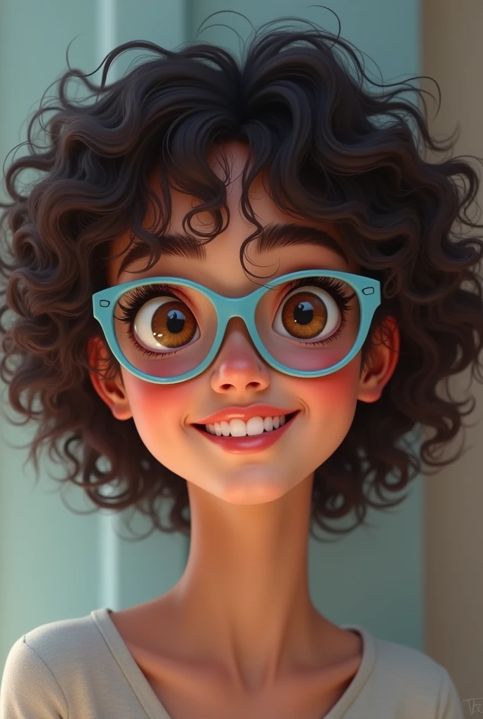 A curly girl who looks like me and wears light blue glasses
