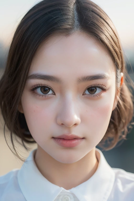​masterpiece, top-quality, in 8K, absurderes, (The upper part of the body), whiteshirt, beautiful a girl, Clean face, looking at the viewers, A smile, A hyper-realistic, hight resolution, foco nítido, nffsw, face lights, Dynamic lighting, Movie Lighting, Professional Shadows, beautiful cityscape background, highestdetailed, ighly detailed, ultra-detailliert, finely detail, authentic skin, Delicate facial features, Detailed face and eyes, Sharp pupils, Realistic pupils