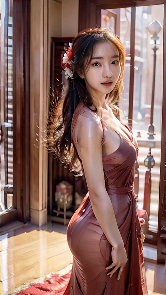 super realistic, high detail, masterpiece, 8K, a beautiful Muslim woman with a Korean face, wearing a long red dress with a red hijab, a beautiful slender body, standing facing forward, beautiful body curves are enchanting, very detailed, very clear, with blue lighting, high-level camera, aesthetic, studio background, full HD.