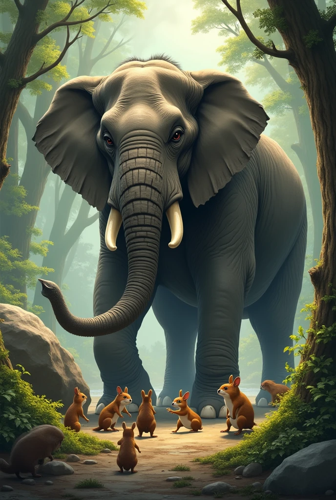  Hemant elephant mocks smaller animals, such as squirrels and rabbits, who look frightened and upset. He shows off his strength by uprooting a tree or smashing a large rock “Filled with arrogance, Hemant elephant looked down on the other animals. He mocked the smaller creatures and flaunted his strength, seeking to instill fear in them.”