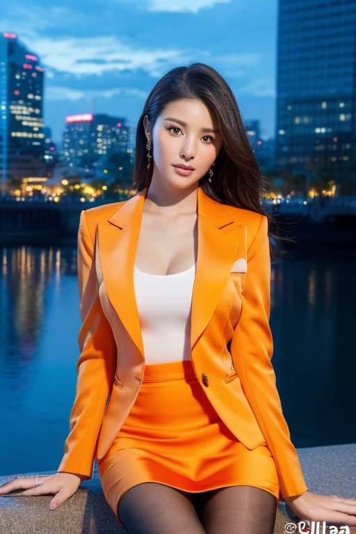((Highest quality、Ultra-high resolution、masterpiece))、(Full Body Portrait)、Orange blazer、(blouse:1.1)、(Long orange skirt:1.3)、(silk pantyhose)、(Sitting down, her high heels and legs look beautiful.)、1 girl、Mid-chest、(Perfect Anatomy, Perfect body, Perfect hands, Perfect Face, Perfect Eyes, Accurate, Anatomically correct), Perfectly clear and sharp focus, ((Highest quality、Ultra-high resolution, masterpiece, Ultra-realistic))、Modern architecture at night on the background、Professional Lighting